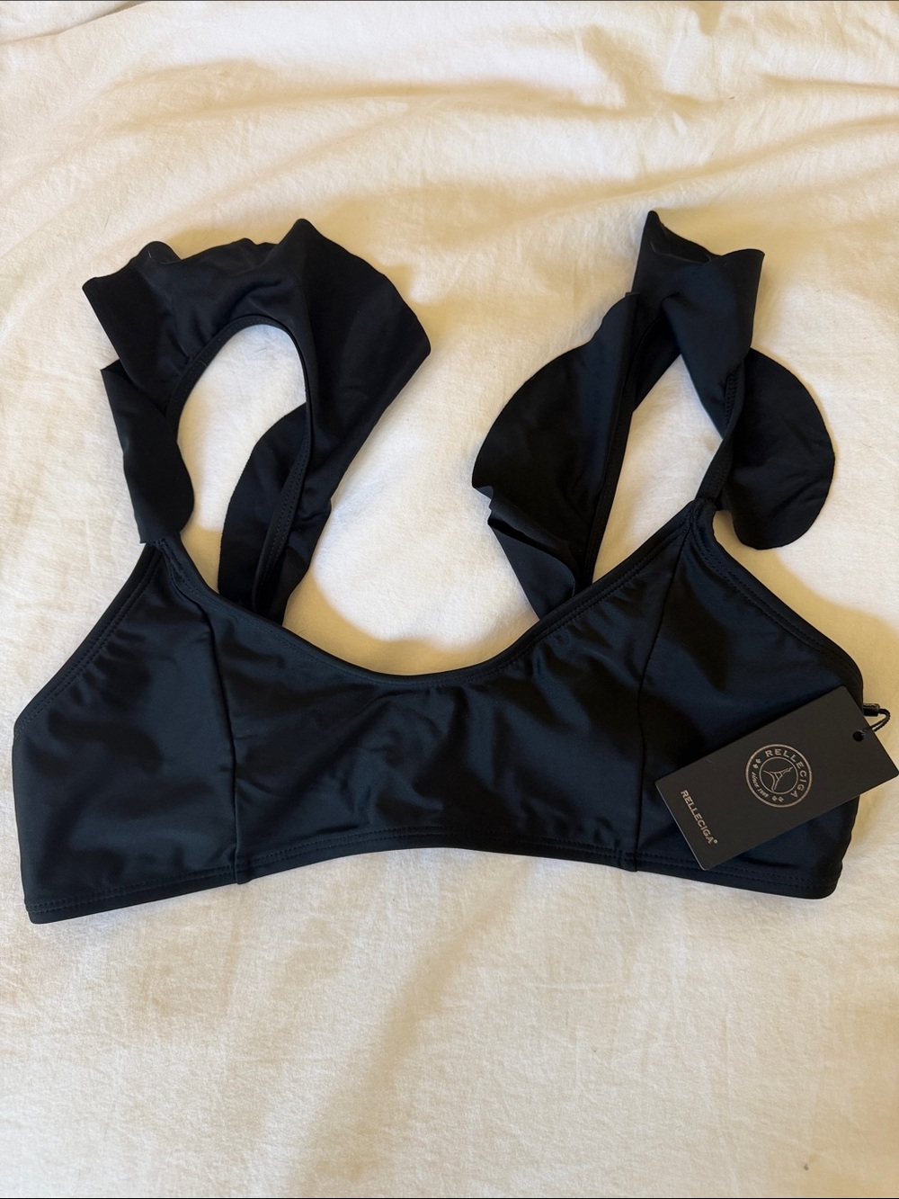 Relleciga Black Ruffle-Strap Swim Bikini Top NWT